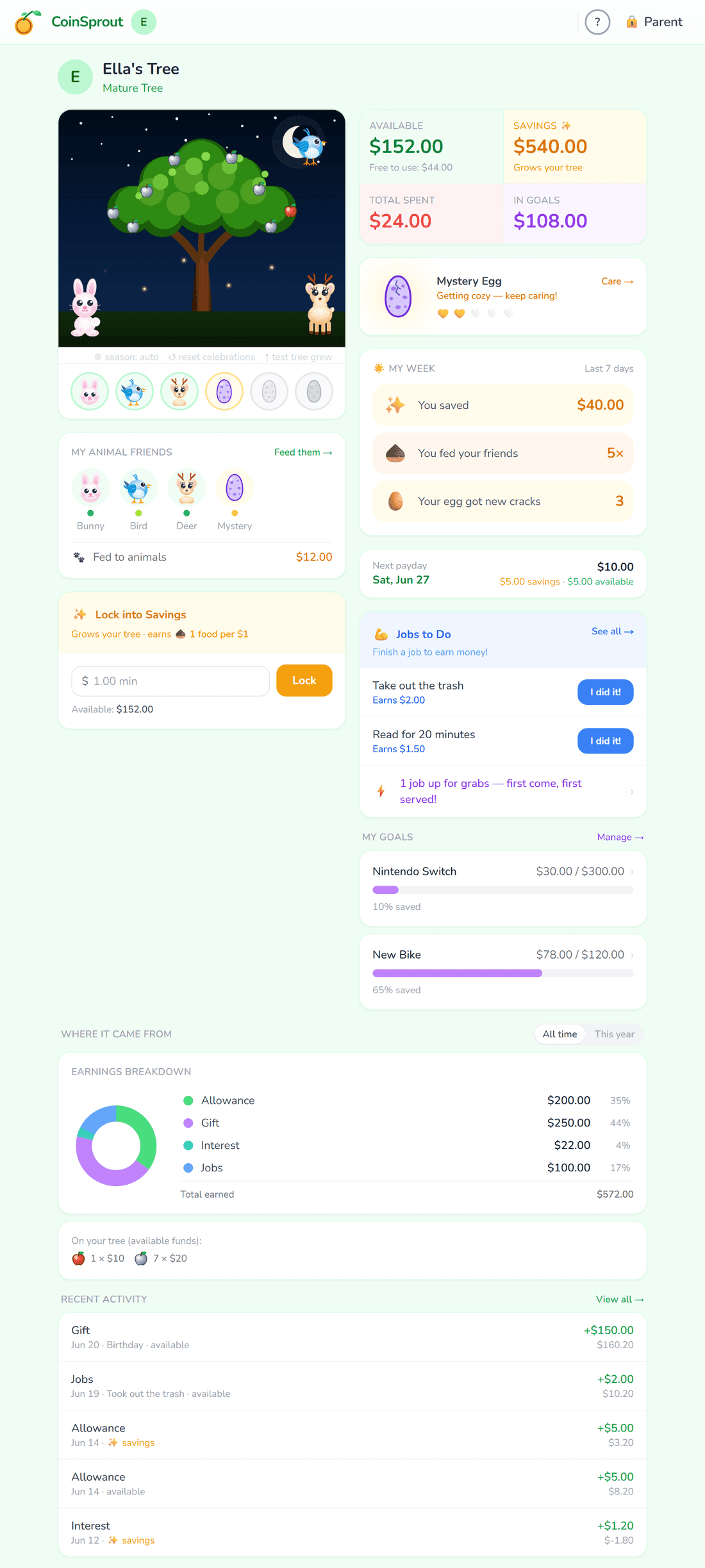 A child's CoinSprout dashboard with their growing tree, animal friends, savings, and goals
