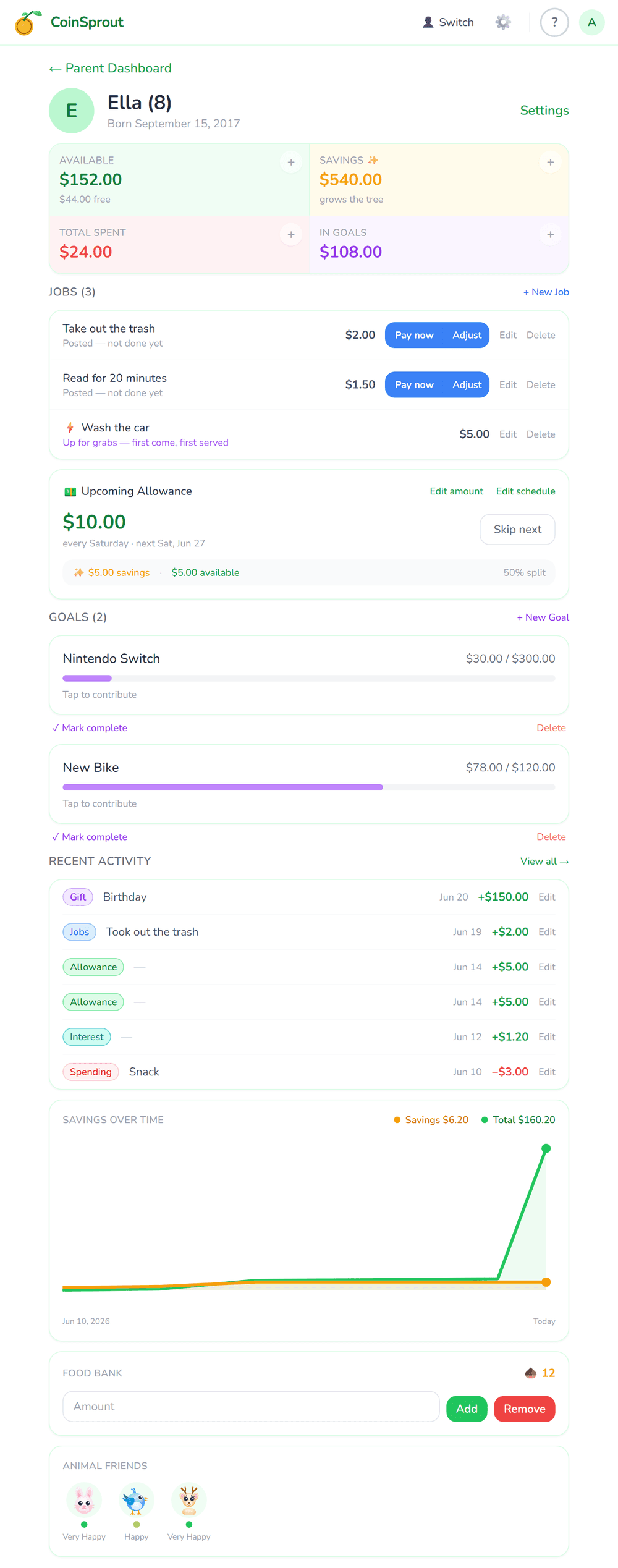 The parent view showing a child's savings, total earned, spending, and goals